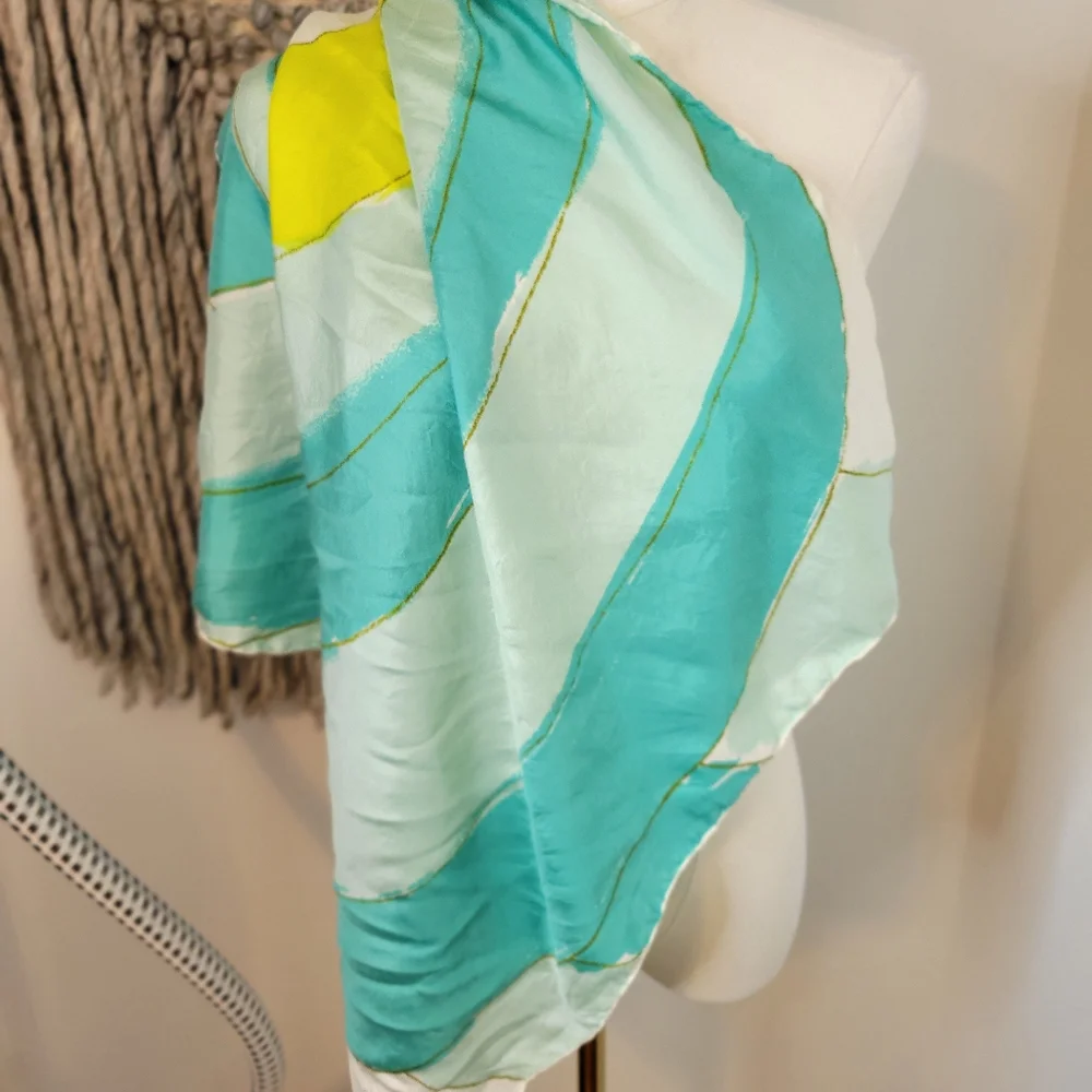 Vana Elegant Teal and Yellow Silk Scarf 24X24 - Picture 3 of 5